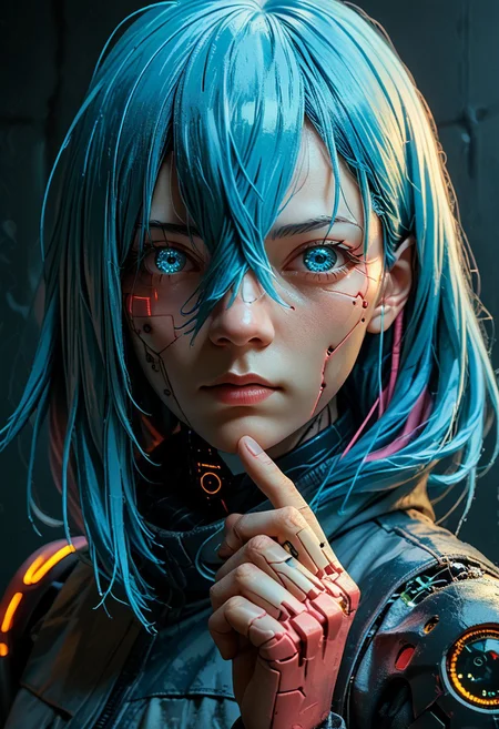 end_tripwire_morph, solo, cyberpunk, looking at viewer, 1girl, vivy_vfe, blue hair, crossed bangs, blue eyes, portrait, cable, cyborg, wire, mask, hand up, neon, wires, made of wires, cables, outlined with wires and neon, neon outlines, wire sculpture, neon wire sculpture, , PonyXLV6_Scores, Freebo_alloy