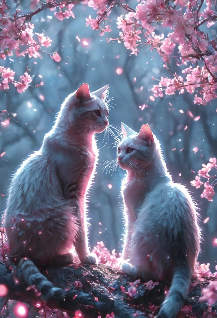 A monochromatic, black-and-white photograph of two cats sitting on a tree branch, facing each other in an intimate and harmonious pose. The left cat is black, while the right cat is white, creating a striking contrast. They are surrounded by delicate, blooming branches with small flowers, adding a serene and romantic atmosphere. The background is softly blurred, focusing the viewer's attention on the cats and their interaction. The lighting is soft, emphasizing the texture of their fur and the gentle ambiance of the scene.
<lora:Anime v1.3:1.2> <lora:Blue_Future:0.9> <lora:Ethereal Brush Anime v2.0:0.6> <lora:It's a LoRA for portraits, BUT! actually specialized in backgrounds. v1.0:0.2>,pink heart in front of them, white sphere on the background, ethereal glowing swirls, mystical light particles, dreamy atmosphere, vibrant neon mist, twilight city street, hyper-detailed fabric texture, soft illuminated fog, cinematic soft lighting, glowing blue and magenta hues, fantasy realism, enchanted night