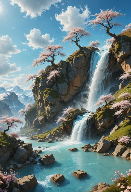 a large waterfall coming from a high cliff,  small water source, snowy plains, snow, cold landscape, cherry blossom trees, redish cliff, beautiful blue water, white grass, light blue sky, some clouds, fantasy landscape, steam, <lora:add-detail-xl:1>, <lora:MJ52:0.25>,  <lora:SDXLFaeTastic2400:0.7>,