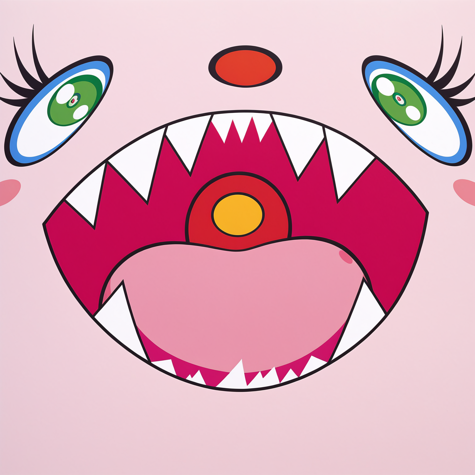 score_9, score_8_up, score_7_up, BREAK
flat color, no lineart, green eyes, teeth, open mouth, sharp teeth, solo, 1girl, tongue, close-up, no humans, blush stickers, eye focus, looking at viewer
<lora:murakami_style:1>