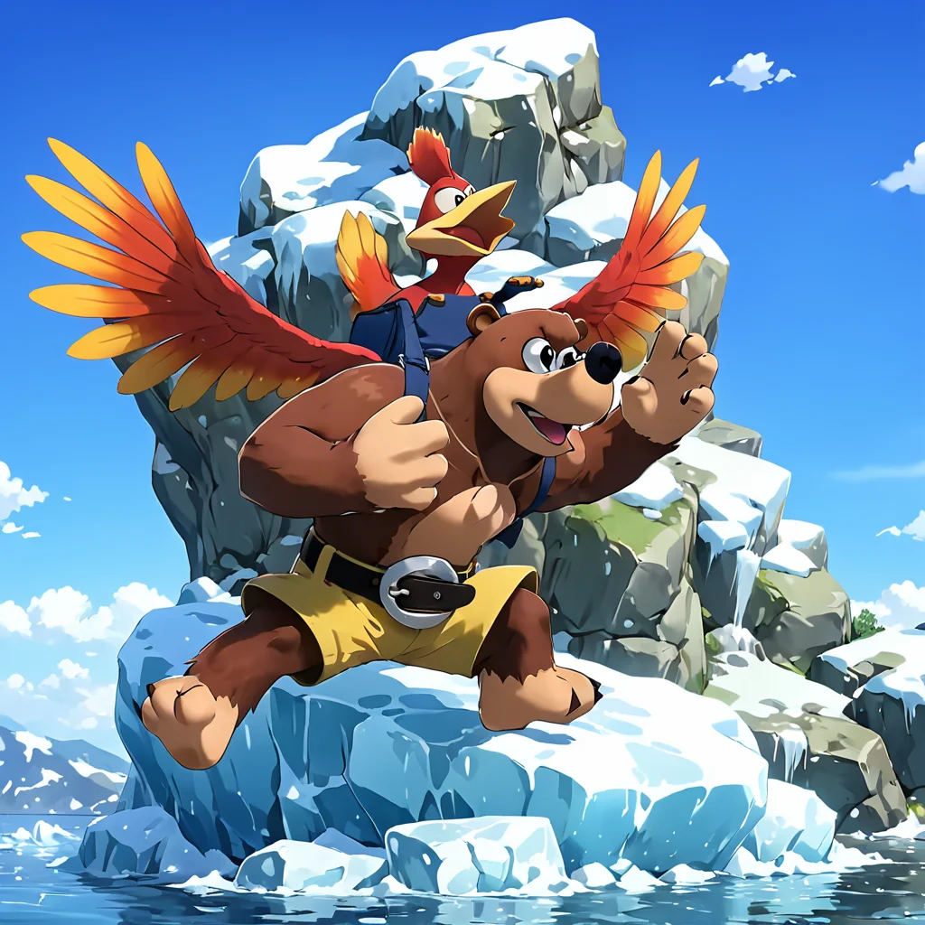 BanjoKazooieXL, bird on bear standing, wings, jumping on iceberg, <lora:BanjoKazooie_XL-8:.8>, (anime, masterpiece, intricate:1.3), (best quality, hires textures, high detail:1.2), (4k),(incredibly detailed:1.4),UHD, 8K, ultra detailed