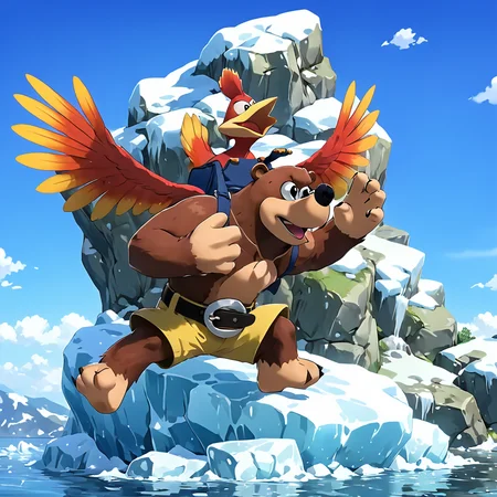 BanjoKazooieXL, bird on bear standing, wings, jumping on iceberg, <lora:BanjoKazooie_XL-8:.8>, (anime, masterpiece, intricate:1.3), (best quality, hires textures, high detail:1.2), (4k),(incredibly detailed:1.4),UHD, 8K, ultra detailed
