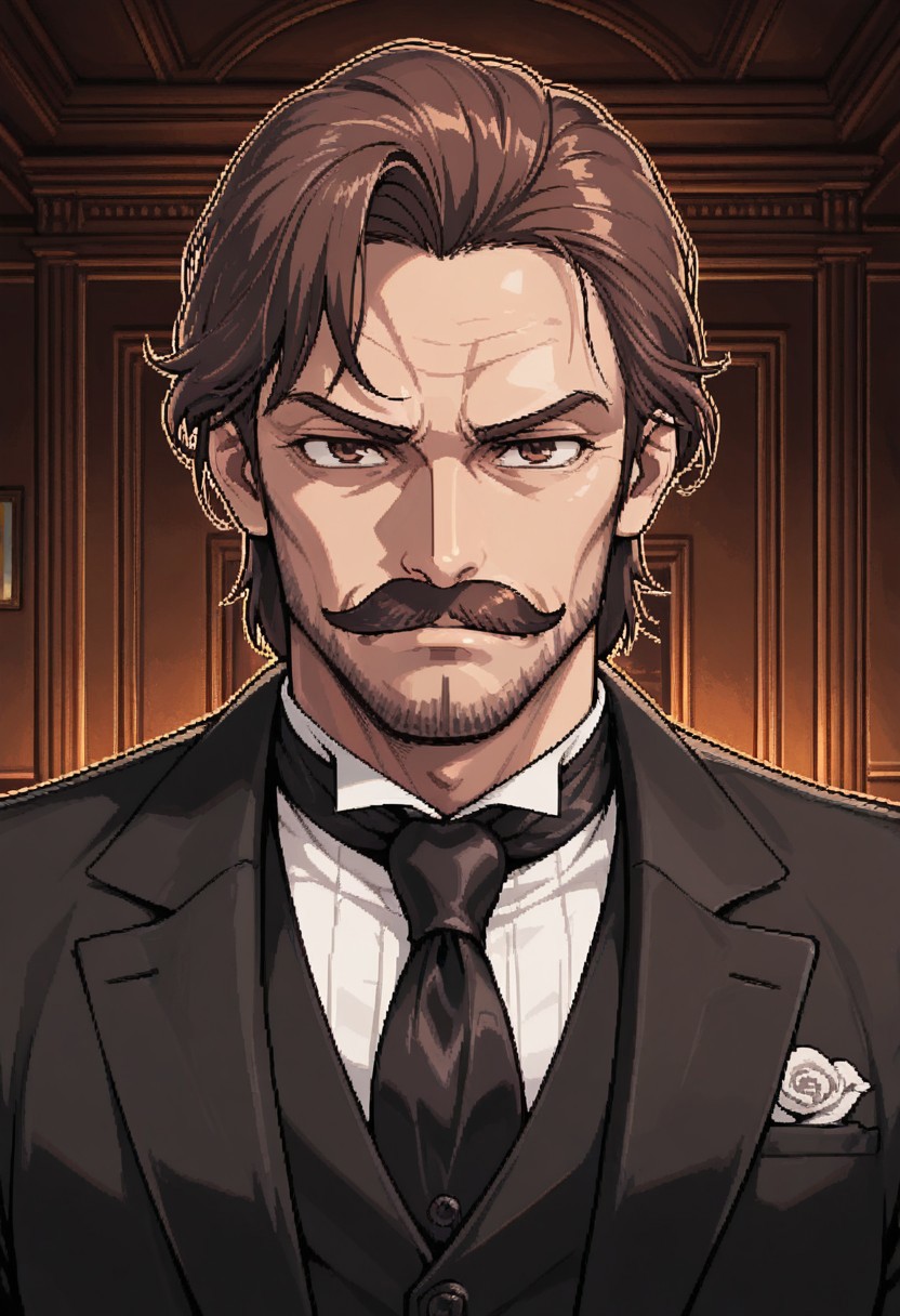 masterpiece, best quality, amazing quality, 1boy, solo, short brown hair, brown eyes, serious expression, mature male, Victorian black suit, nobleman, fancy mustache, kyosuke