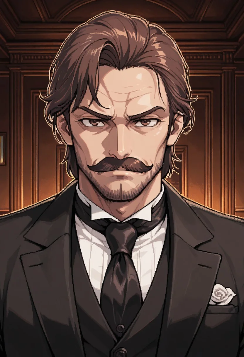 masterpiece, best quality, amazing quality, 1boy, solo, short brown hair, brown eyes, serious expression, mature male, Victorian black suit, nobleman, fancy mustache, kyosuke