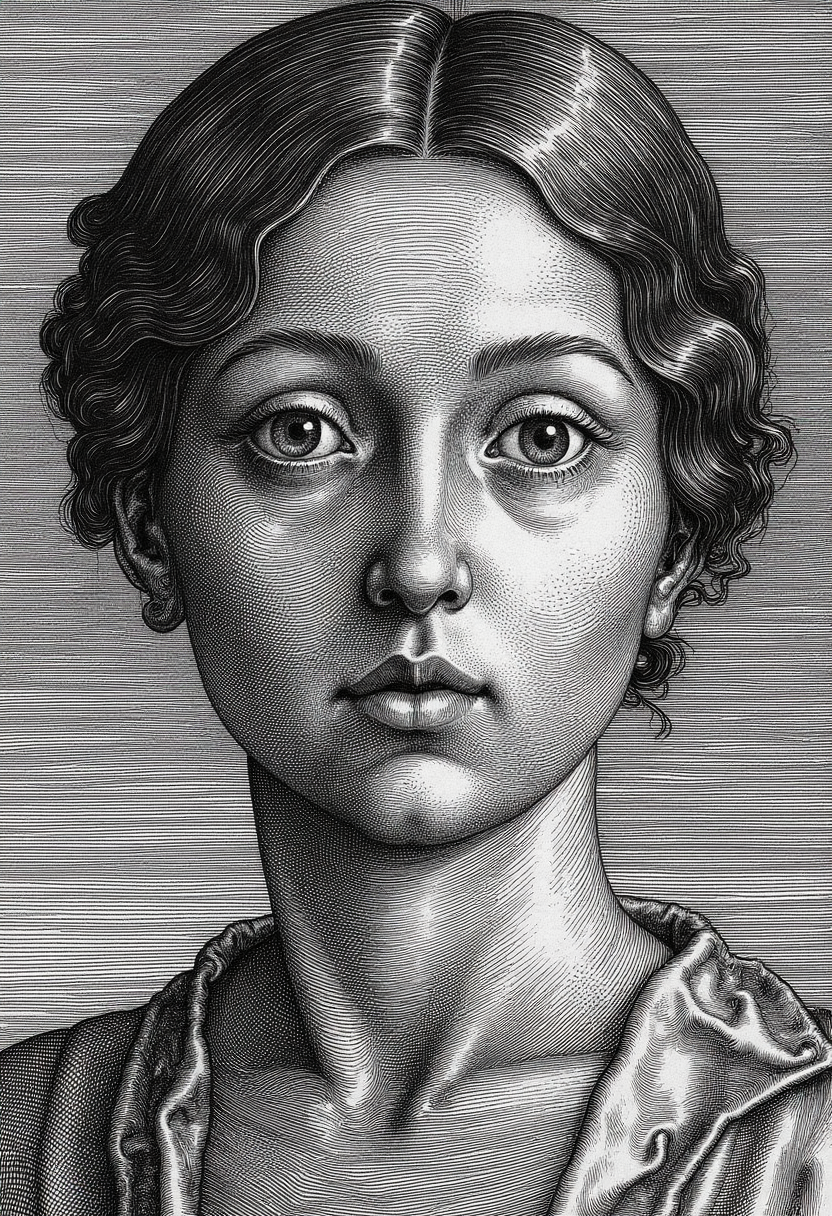 engraving in the style of yfg-durer, A high-contrast portrait of a woman, her face sharply defined and imbued with a complex, almost melancholic expression. Intricate, vibrant, bold newspaper type, meticulously arranged, layers over her features, extending across the background in a uniform, textured digital pattern. Each letter, in rich black ink, virtually clings to the skin, making the overlay seem deeply embedded within her countenance. The background, a digital canvas of gradated blues and subtle oranges, mimics the faded tones of aged newsprint, adding a layer of depth and texture to the image. Light falls with a clinical intensity, throwing stark shadows that emphasize the interplay between the woman's human form and the superimposed data. Symmetrical composition ensures a sense of visual equilibrium, while the precise placement of the letters and the backdrop create a futuristic, almost dystopian atmosphere. The design explicitly explores themes of human-technology interaction, the potential anxieties around artificial intelligence and the integration of digital data into the human experience. The overall effect is both striking and thought-provoking, capturing a powerful visual metaphor for the merging of human emotion with technological complexity.