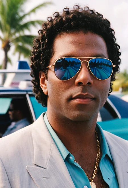 MiamiVice, Rico Tubbs, closeup, shades, outdoors, highly detailed, 4K, (grainy analog 35mm film photo)