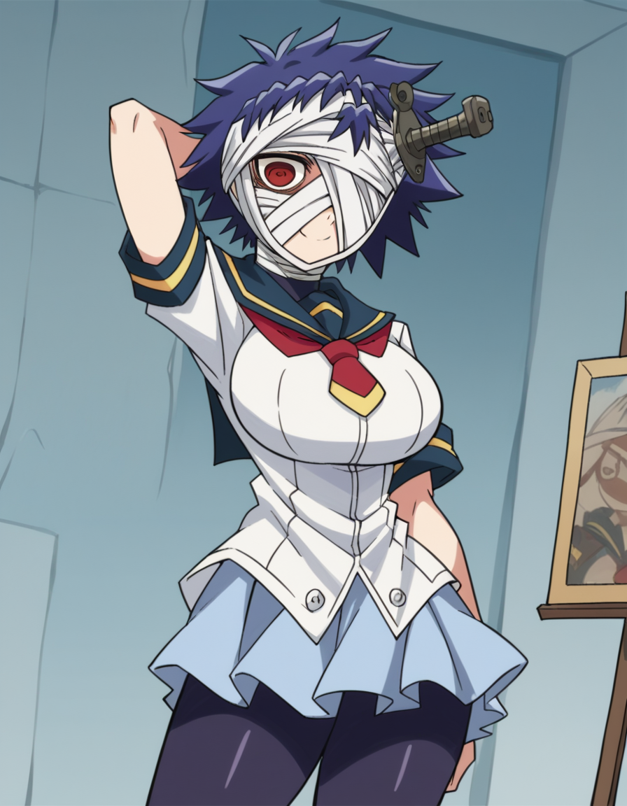score_9, score_8_up, score_7_up, source_anime, <lora:youka-naze-s2-ponyxl-lora-nochekaiser:1>, youka naze, short hair, large breasts, red eyes, blue hair, bandages, bandage over one eye, skirt, school uniform, pantyhose, serafuku,, art gallery, paintings, sculptures, exhibits, quiet, smile, hand behind head, , looking at viewer, solo,, dutch angle, cowboy shot