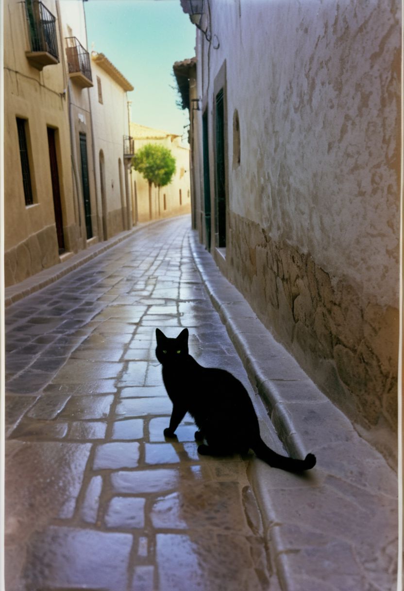 soaked_kaffee, 2 black cats having fun on a very old street, somehwere in spain, hard shadows, film grain