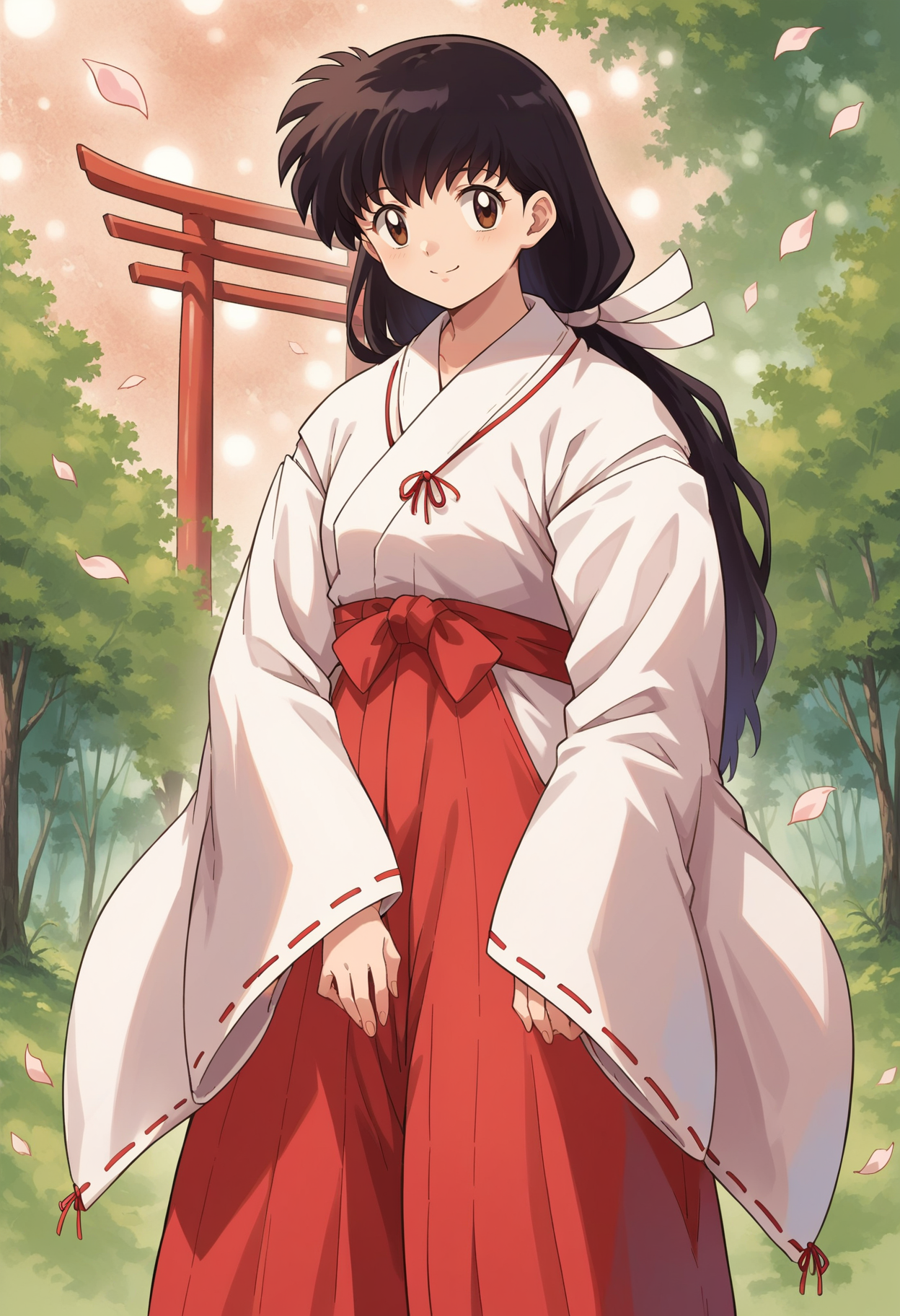 score_7, score_8_up, score_7_up, source_anime, 1girl, solo, looking at viewer, <lora:EPinKagumeSDXL-13:1.0>, EPinKagome, black hair, brown eyes, long hair, detailed background, cowboy shot, japanese clothes, skirt, upperbody, ribbon-trimmed sleeves, hakama, hakama skirt, smile, miko, red hakama, long sleeves, ribbon trim, wide sleeves, miko, forest, torii,