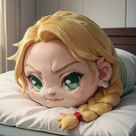 score_9, score_8_up, score_7_up, realistic, <lora:NSEmilyPortia:0.6> NSEmilyPortia, green eyes, blonde hair, single braid, long hair, white earrings, stud earrings, freckles, <lora:hauntedBeanPlushieThatWill_v10:1.1> haunted bean plushie, plush toy