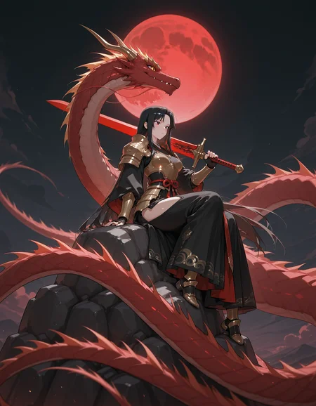 1girl, very long black hair, armored <lora:rifle_shoulder_carry_ill_v1.0:1>, sh0uld3r_c4rry, weapon on shoulder, one arm up, hand on weapon, large vampiric sword, sitting on red dragon, red moon, night, glow, black sky, clouds