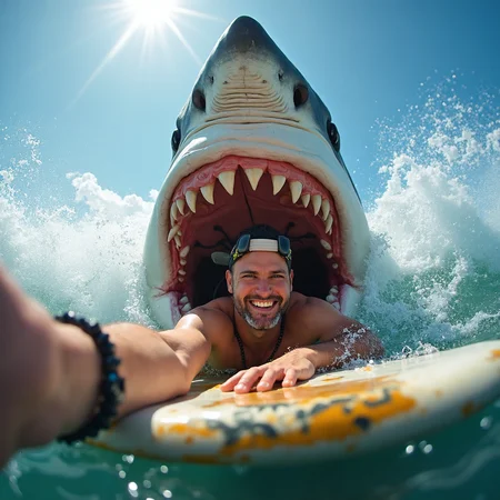 Through the lens of the phone’s POV, a tourist snaps a selfie as he lies on a wet surfboard, fearlessly leaning into the massive jaws of a shark erupting from the water. The shark's mouth, brimming with sharp teeth, dominates the frame, while the tourist’s hand holds the phone, capturing the perilous moment with a carefree attitude.