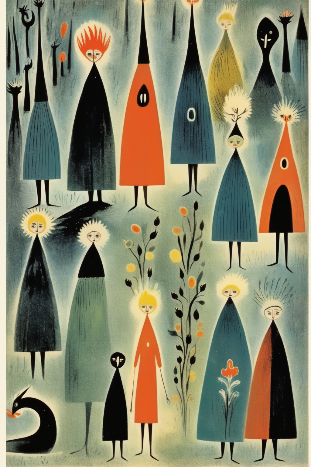 <lora:Tove Jansson Style:1>Tove Jansson Style - Vintage Tove Jansson illustration of figures inspired