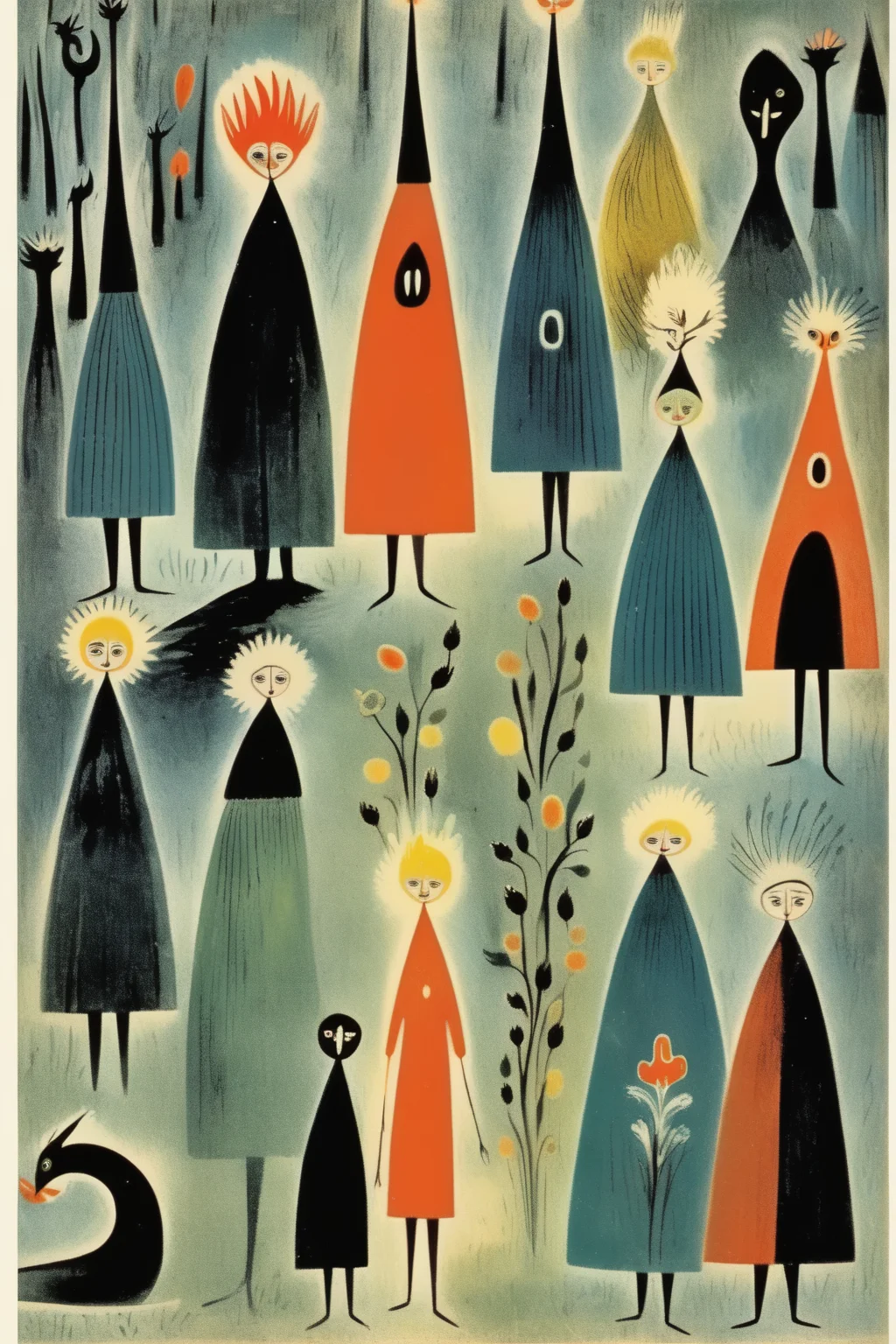 <lora:Tove Jansson Style:1>Tove Jansson Style - Vintage Tove Jansson illustration of figures inspired