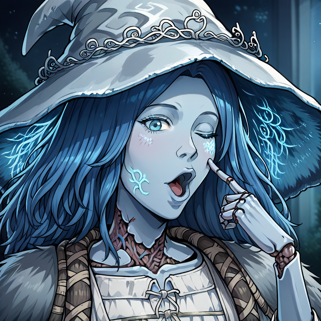masterpiece, best quality, newest, absurdres, highres, anime, anime style, POG-V1.0IL, pogchamp (meme), meme, :o, looking at viewer,  portrait, 1girl, ranni the witch (elden_ring), blue hair, blue eyes, doll joints, joints, one eye closed, white dress, extra arms, 4arms,
