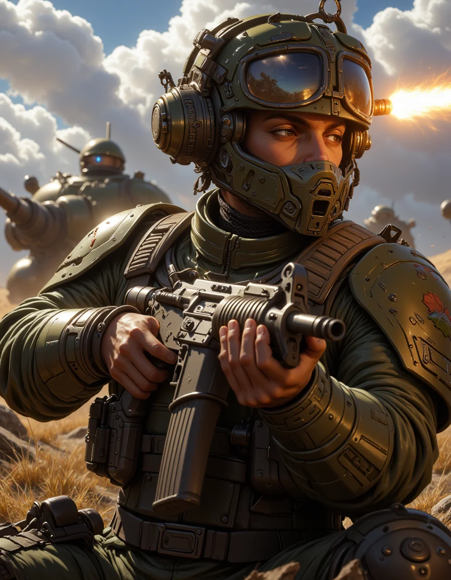 Very beautiful soldier woman, war, tank, fire, shoot, rifle, google on head, hyperrealism, photorealistic, 8k, unreal engine<lora:ani10:1.2> <lora:s:0.55> bo-exposure <lora:flux.1_lora_flyway_Epic-Characters_v1:1>