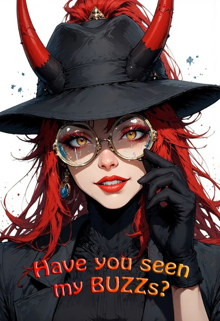 (comic book style) , A pen and ink style expressionism painting. Portrait of a Zeriastra as female detective scowling into a magnifying glass. The glass is crystal clear, showing a water portal through the glass. The detective is wearing a black suit that emanates her shadowy figure. Colorful text at the bottom with "Have you seen my BUZZs?"