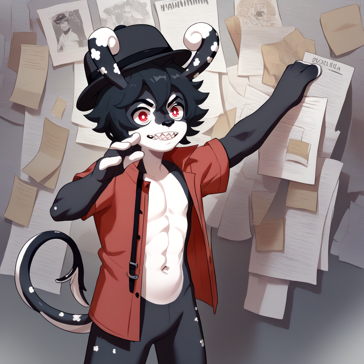 score_9, score_8_up, score_7_up, source_anime, PepeSilviaMeme, paper, hand against wall, 1boy, solo, fedora, <lora:PepeSilviaMeme_pdxl_Incrs_v1:1>, sharp teeth, open shirt, <lora:Empoleor's_Freako_style:1>, <lora:MelusineV4SDXL:1>, melusine, short hair, bottomless, black hair, thin tail, curly ears, black skin, black fedora, red shirt, red eyes, fit body