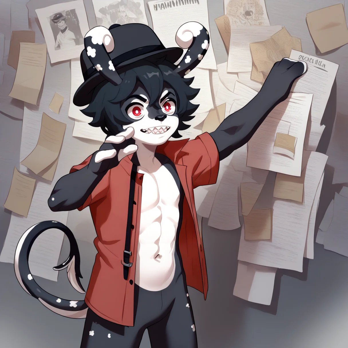 score_9, score_8_up, score_7_up, source_anime, PepeSilviaMeme, paper, hand against wall, 1boy, solo, fedora, <lora:PepeSilviaMeme_pdxl_Incrs_v1:1>, sharp teeth, open shirt, <lora:Empoleor's_Freako_style:1>, <lora:MelusineV4SDXL:1>, melusine, short hair, bottomless, black hair, thin tail, curly ears, black skin, black fedora, red shirt, red eyes, fit body
