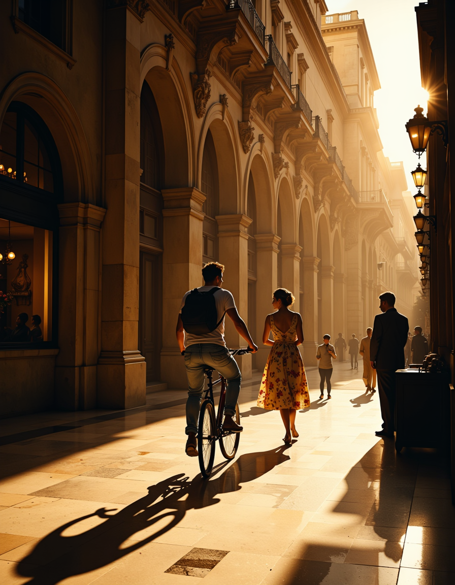 A highly detailed cinematic photography.
This is a sepia-toned photograph capturing a bustling street scene in an urban setting, possibly in Europe, given the architectural style. The image is bathed in warm, golden light, likely from the setting sun, casting long, dramatic shadows on the polished marble floor. The central figure is a man riding a bicycle, dressed in a casual outfit of jeans and a t-shirt, with a backpack slung over his shoulders. He is positioned slightly off-center to the left, facing away from the camera.

To the right of the cyclist, a woman in a floral dress stands, her back to the camera, possibly waiting for someone. She is holding a small purse and appears to be engaged in conversation with another person who is partially obscured by her.

The background features a grand, ornate building with intricate architectural details, including arches and decorative carvings. The building has multiple floors and large windows, reflecting the sunlight and creating a contrast with the dark, shadowed areas. Street lamps with spherical lights hang from the ceiling, adding to the historical ambiance. The overall mood of the photograph is nostalgic and serene, capturing a moment of everyday life in a picturesque, historic European city.