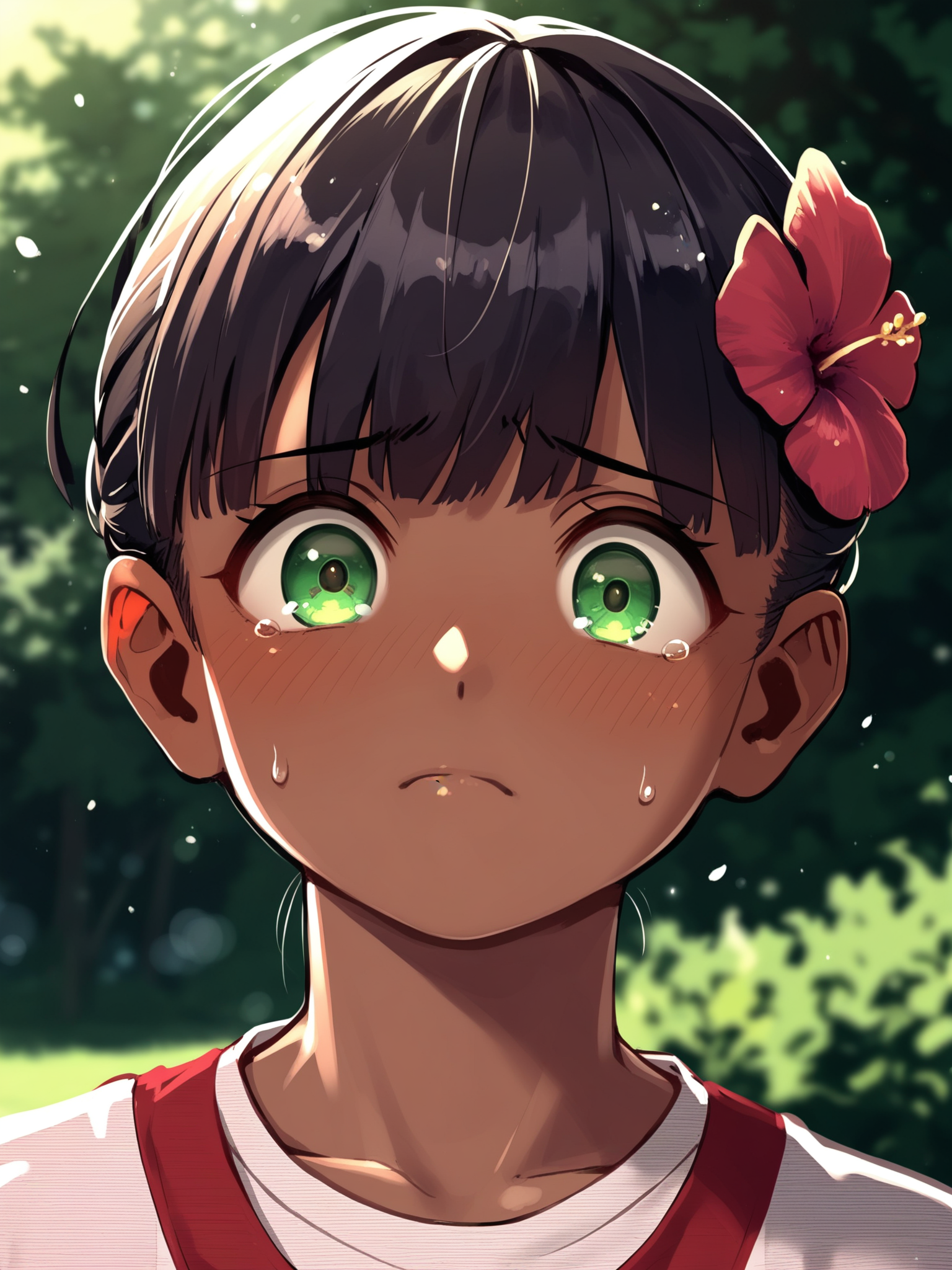 <lora:happy_tentacle-ranee-v0.4-000028:0.9>, ht_ranee, dark-skinned female, hair flower, black hair, green eyes, gym clothes, outdoors , 1girl, solo, upper body , wide-eyed , (sad :1.1), , looking at viewer , , , score_9, score_8_up, score_7_up, score_6_up, score_5_up, score_4_up