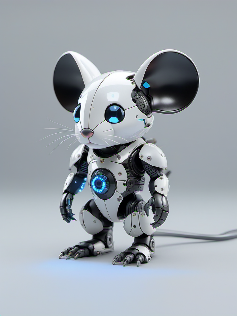jixie,This is a mechanized and anthropomorphic mouse with a cyberpunk style. Its whole body is composed of white outer armor and black internal mechanical structure. There are structures emitting blue light on the chest and head. Screw details can be seen at the joints of the outer armor. It stands sideways in front of the camera. There is a simple gray background,<lora:ä»¿çæºæ¢°V1:0.6>,