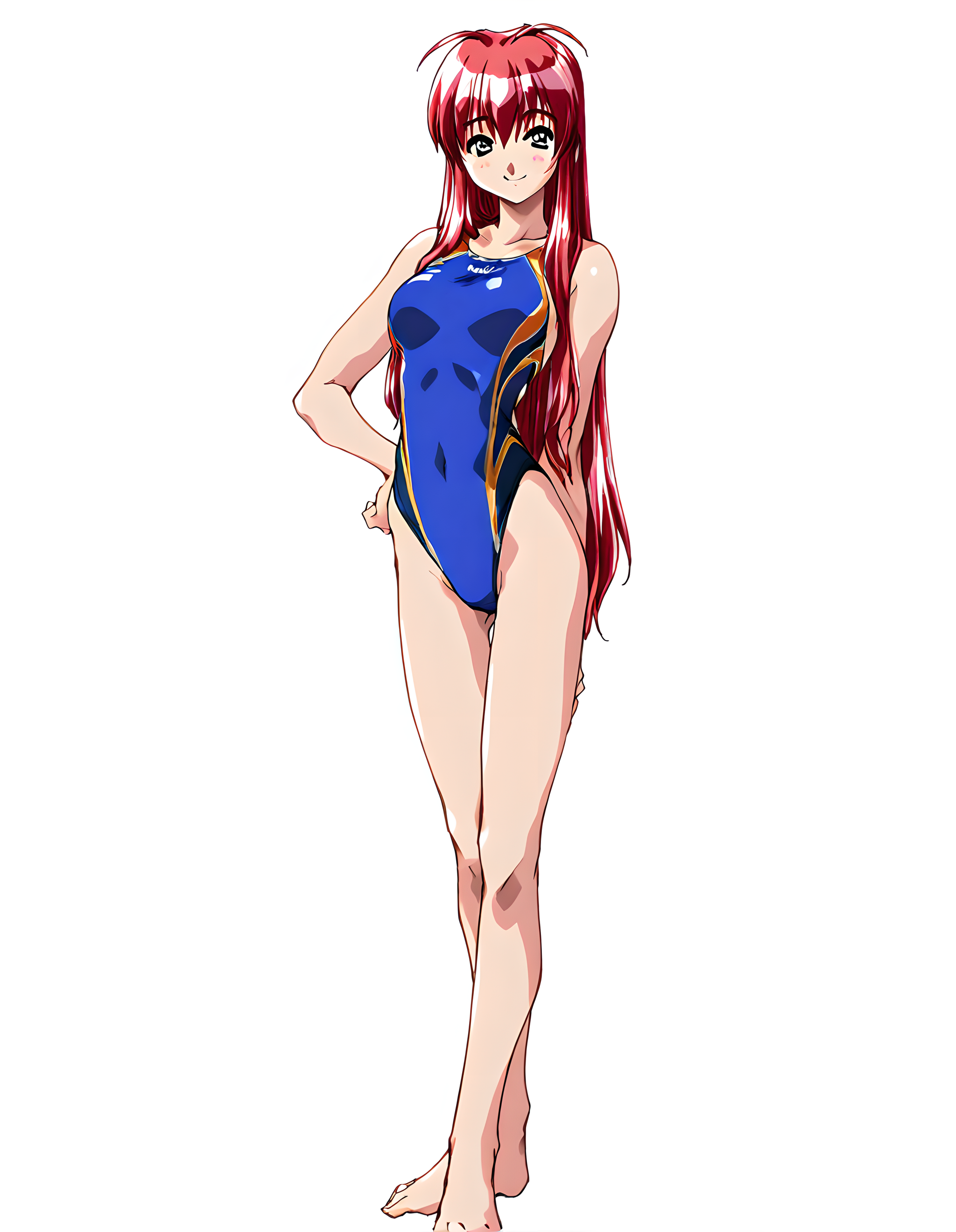 <lora:illustrious_XL_chitose:0.8>,chitose,masterpiece,best quality,good quality,1girl,solo,long hair,competition swimsuit,smile,standing,white_background,full body,