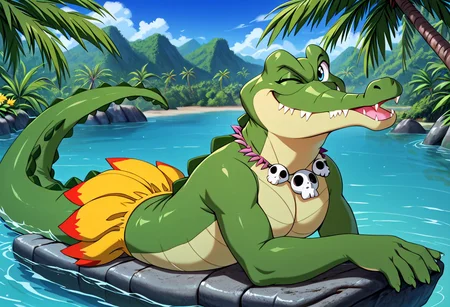Tick Tock crocodile,fat,giant,male animal, crocodile open large mouth ,green skin, blue eyes, Tick Tock the crocodile is giant and very huge size,teeth,look viewer,Tick Tock the crocodile swimming in the water,belly exposed
,full body,lying on your back in the water,looking at viewer.
Mii, jewelry, short hair, dark-skinned female, dark skin, retro artstyle, 1990s\(style\), necklace, earrings, skull necklace greenish blonde hair, navel, barefoot, anklet, skirt, orange-yellow flower petals skirt, o-ring strapless top, cleavage, midriff, blue eyes, shoes, miniskirt, bikini top, swimsuit, (smile),looking at viewer, smug, one eye closed, head on hand, lying on stomach, cute face, full body,Mii is her little size,Mii is her lying on stomach in the crocodile belly
Palm_trees,jungle, tropical,river,tropical_island,Disney.