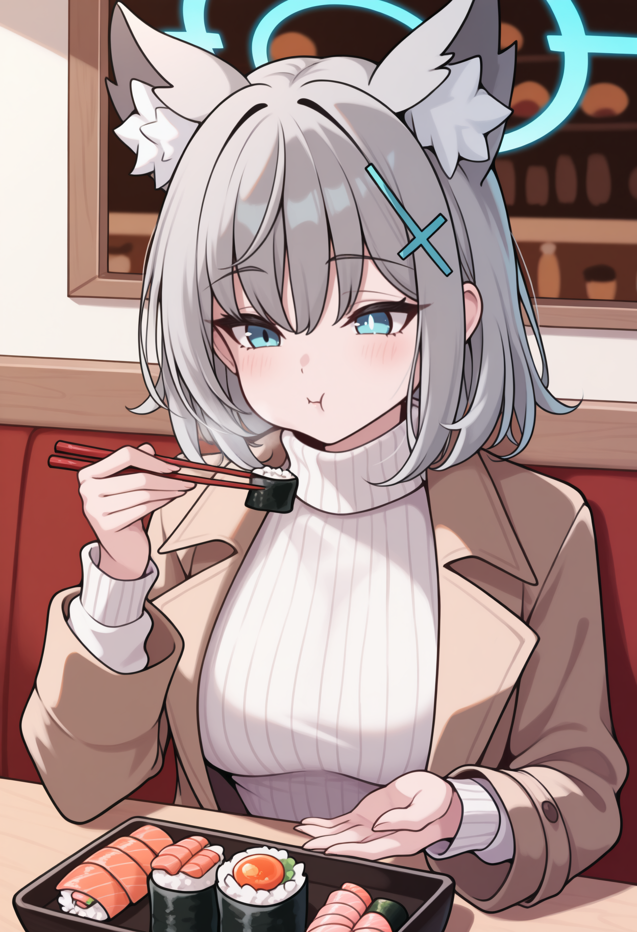 masterpiece, best quality, newest, upper body, solo, 1girl, shir0kodef, wolf girl, eating, :t, sitting, holding chopsticks, grey hair, hair between eyes, cross hair ornament, animal ears, animal ear fluff, extra ears, blue halo, blue eyes, mismatched pupils, winter clothes, brown coat, open coat, long sleeves, white sweater, ribbed sweater, turtleneck sweater, indoors, restaurant, table, food, sushi
<segment:yolo-Anzhc Face seg 640 v2 y8n.pt,0.4,0.5//cid=1>