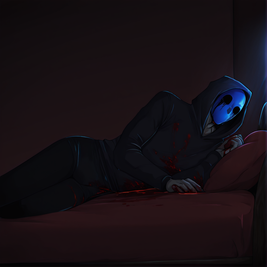 <lora:Eyeless_Jack:1> jack, hood, solo, blue mask, 1boy, male focus, grey skin, slim, blood, blood on clothes, black pants, bed, laying, masterpiece, high quality, dark bedroom background, <lora:DarkerThanBlackIllustrious:1> masterpiece \(quality\), dark, dim lighting