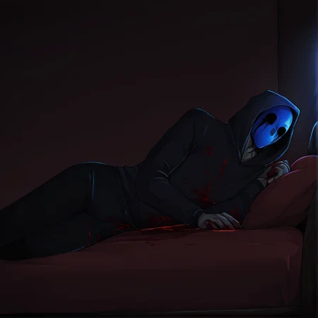 <lora:Eyeless_Jack:1> jack, hood, solo, blue mask, 1boy, male focus, grey skin, slim, blood, blood on clothes, black pants, bed, laying, masterpiece, high quality, dark bedroom background, <lora:DarkerThanBlackIllustrious:1> masterpiece \(quality\), dark, dim lighting