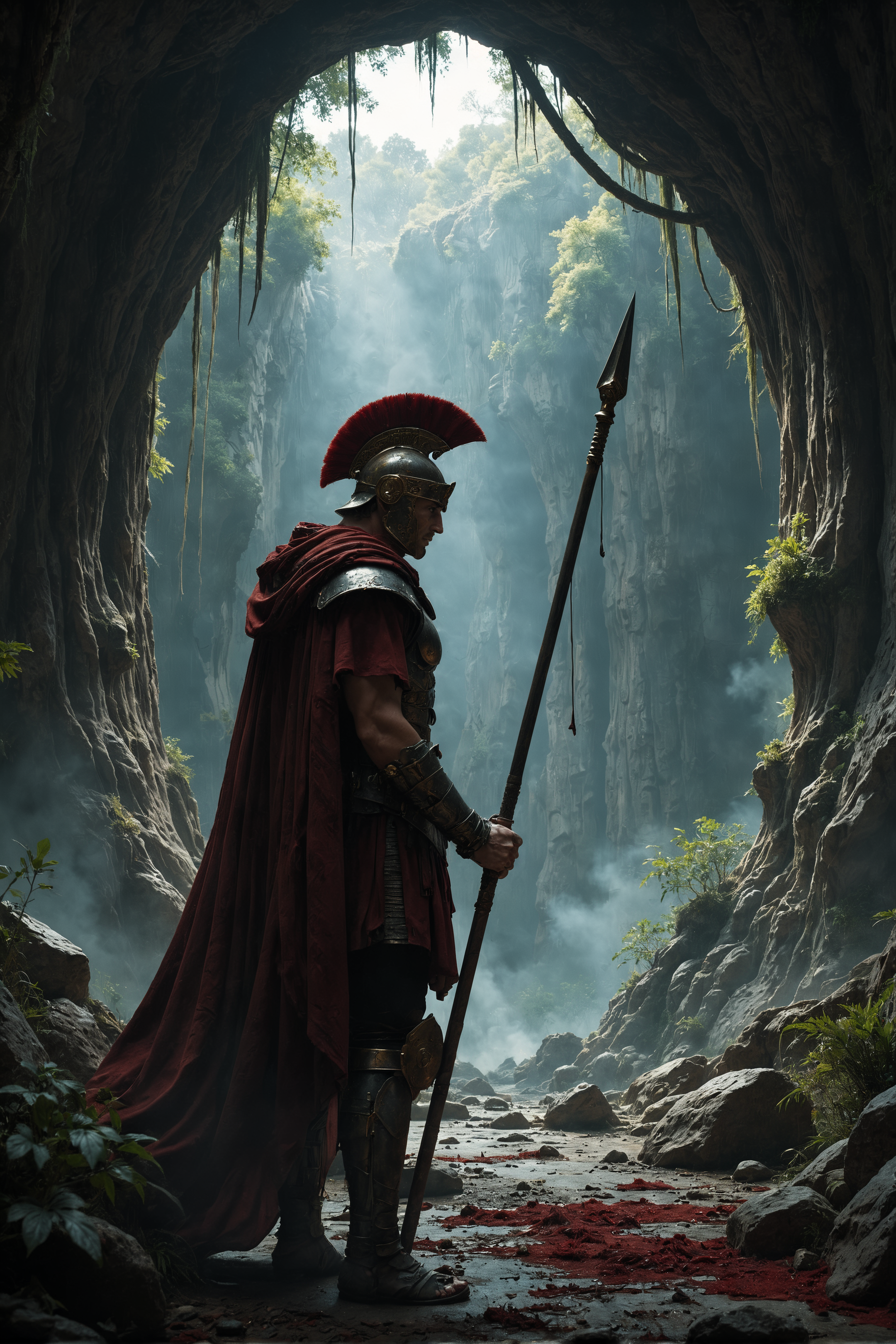 Side View of a Roman Warrior pierced By a spear, infront of Overgrown Titan abyss, bloody, cruel, mystic, ethereal, darkness,  atmospheric haze, Film grain, cinematic film still, shallow depth of field, highly detailed, high budget, cinemascope, moody, epic, OverallDetail, 2000s vintage RAW photo, photorealistic, candid camera, color graded cinematic, eye catchlights, atmospheric lighting, imperfections, natural, shallow dof,<lora:XL_Weapon_Spear_-_By_HailoKnight:0.7>