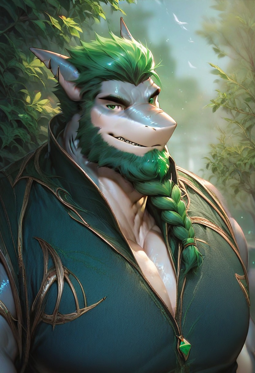 ,score_9, score_8_up, score_7_up, 1boy, 1beast, furry<lora:gomtang_style:1>, (detailed scales), (anthro male shark:1.2), shark_male, anthro shark, shark fin, furry bara, bara, dubusi \(1 male,mature male,green hair,fringe up hair style,long green beard, Big braided beard, green eyes\),close-up,light armor,fierce expression,outdoors, Massive Pectoral, Bodybuilding, Green Armor In The Park, Looking At Viewer, {White Collar Shirt}, Casual Wear, Source_Cartoon, Brawl, Brawl Stars Style,