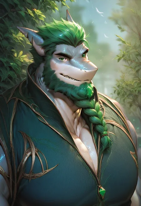 ,score_9, score_8_up, score_7_up, 1boy, 1beast, furry<lora:gomtang_style:1>, (detailed scales), (anthro male shark:1.2), shark_male, anthro shark, shark fin, furry bara, bara, dubusi \(1 male,mature male,green hair,fringe up hair style,long green beard, Big braided beard, green eyes\),close-up,light armor,fierce expression,outdoors, Massive Pectoral, Bodybuilding, Green Armor In The Park, Looking At Viewer, {White Collar Shirt}, Casual Wear, Source_Cartoon, Brawl, Brawl Stars Style,