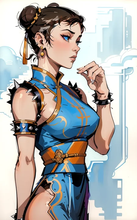 masterpiece, best quality, profile of 1girl, chun-li, solo, view from far, brown hair, earrings, double hair bun, bun cover, blue chinese clothes, short sleeves, eyeshadow, makeup, closed mouth, sash, medium breasts, bracelet, spikes, short hair, traditional media, painting , long shot
