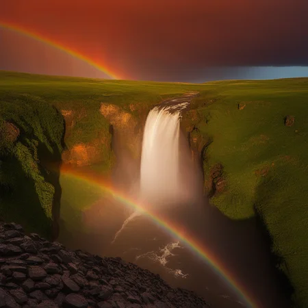 cloudy sky, outdoors, red sky, mountainous horizon, rainbow, waterfall, landscape, rock, reflection, sunset