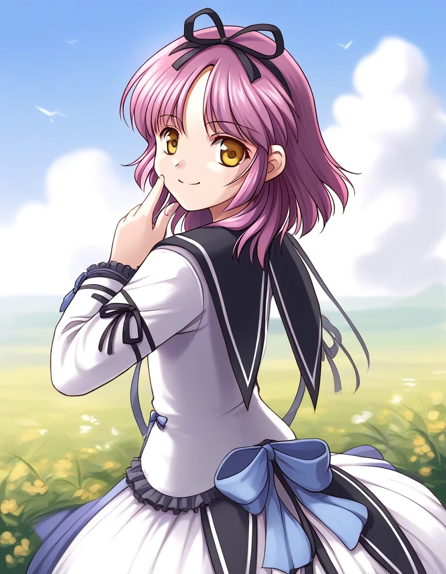 score_9, score_8_up, score_7_up, source_anime, rating_explicit, BREAK <lora:Renne_Bright_XL:1> Renne_Bright, purple hair, medium hair, yellow eyes, hair ribbon, black ribbon,
1girl, solo, smile, ribbon, dress, bow, frills, white dress, back bow, looking at viewer, skirt, long sleeves,
blue sky, outdoor,
smile,
looking at viewer,
cowboy_Shot,