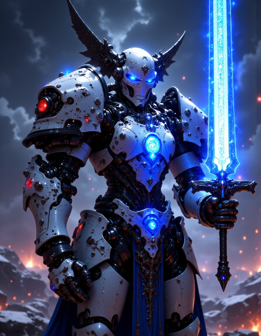 a cinematic shot of a mechanical robotic knight, glowing blue core, holding a giant blue glowing plasma sword by the handle, mecha wings on helmet, futuristic background, HKStyle, mythp0rt <lora:FluxFantasyKnightV2Test:0.95> <lora:FluxMythP0rtr4itStyle:0.85>