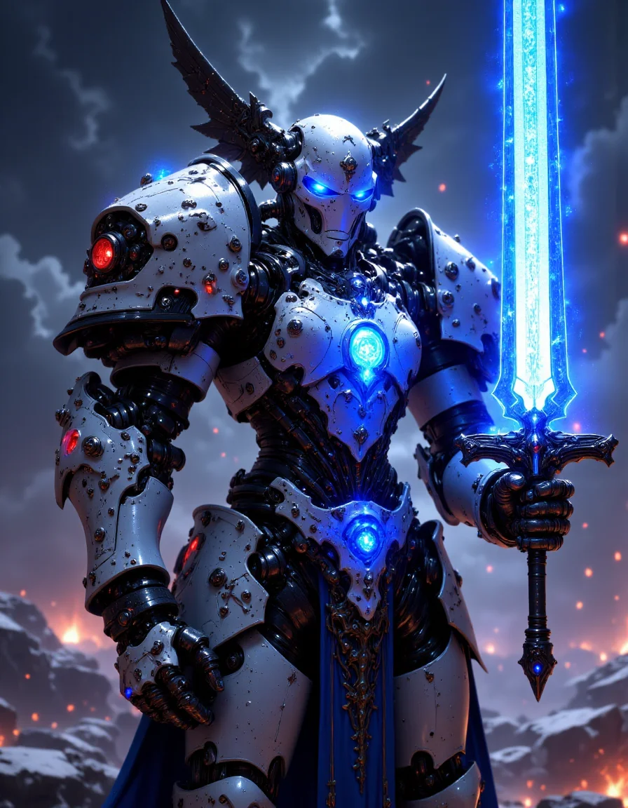 a cinematic shot of a mechanical robotic knight, glowing blue core, holding a giant blue glowing plasma sword by the handle, mecha wings on helmet, futuristic background, HKStyle, mythp0rt <lora:FluxFantasyKnightV2Test:0.95> <lora:FluxMythP0rtr4itStyle:0.85>