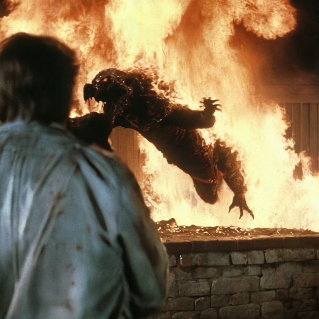 Horror-themed,  <lora:Fright Night 1985 Film Style:1>
Cinematic Medium Shot Film Footage captured by Panavision Cameras and Lenses a huge fireball is hitting a vampire creature person, laying on a wall with a huge fire spewing on, Fright Night 1985 Film Style, Eerie, unsettling, dark, spooky, suspenseful, grim, highly detailed