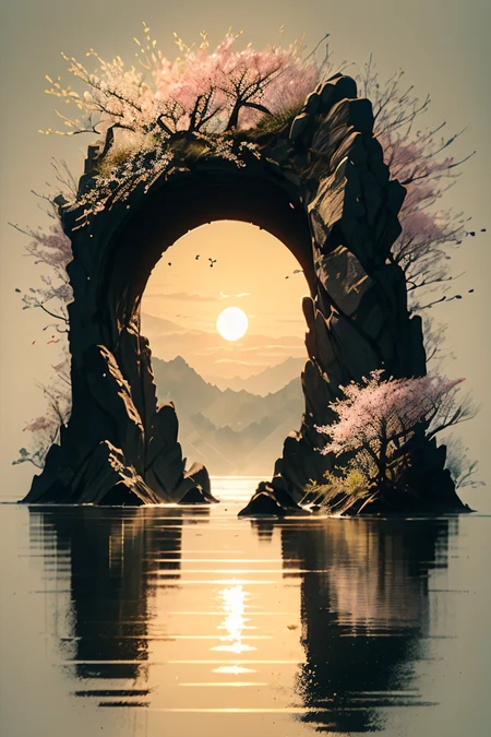 <lora:Calligraphy-ink-style-darquelilly-v1:1> calligraphyinkstyle, sunlight, midday sun, summer, volumetric lighting, sunshine reflected in the water, black background, peaceful atmosphere, detail colour is yellow, a cherry blossom tree, blooming flowers