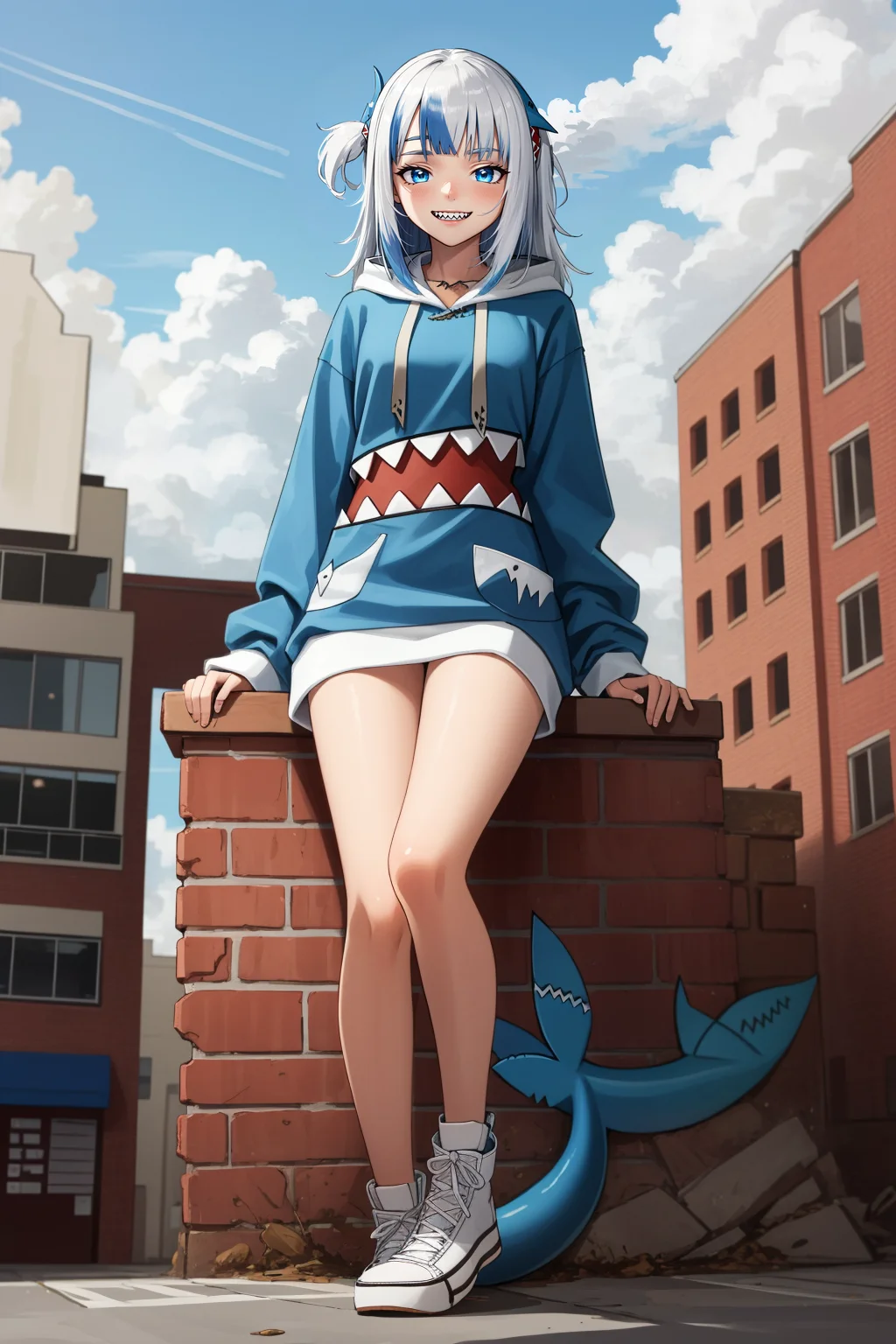 best quality, intricate details, full body, standing, cute pose, smirking, evil look,
1girl, white hair, blue eyes, sharp eyes,messy hair, blue highlights, sharp teeth,
blue hoodie, shark teeth design, bare legs, hair ornament, gawr gura, shark girl, shark tail, shark print, blue hoodie, sharp teeth, shark hair ornament, <lora:gawrGuraHololive_v3:0.8> <lora:giantessConcept_15:0.8> GTS, Looming, Sitting on building,