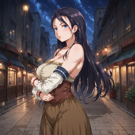 score_9, score_8_up, score_7_up, rating_safe
BREAK
alicia_olis, 1girl, solo, black hair, long hair, blue eyes, drop earrings, strapless dress, detached sleeves, brown corset, red wristband, looking at viewer, crossed arms, from side
BREAK
pavement, building, city, night sky, starry sky, night, outdoors, dark
<lora:alicia_IsekaiYarisaa_ponyxl_v1:1>