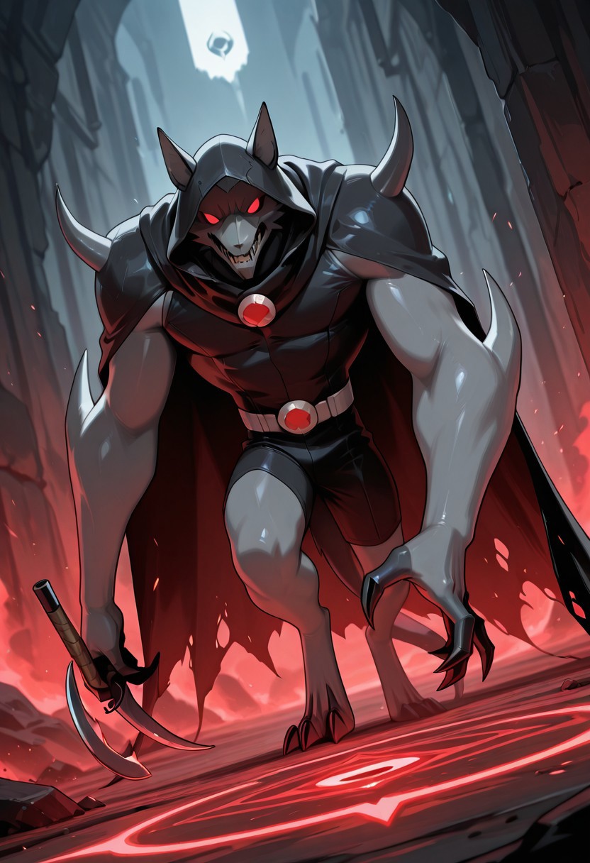 <lora:blitzwolfer-07:1> blitzwolfer, solo, 1boy, no humans, monster, pokemon (creature), red eyes, white fur,  cloaked, black cloak, holding sickles, , black claws, , sharp teeth, masterpiece, best quality, amazing quality, very aesthetic, absurdres, newest,,  massive arms, spikes on shoulder and elbows, wearing torn black cloak, torn cloak, black scarf, sickle in hand, black long sleeves, loose, sleeves, hood up, travelers cloak, cult, reaching out, dutch angle,