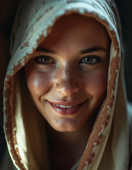 A macro image of a veiled Moroccan shy woman smiling, revealing the fine details and matte textures, wide range of colors, high Dynamic,
cinematic light, dramatic light, shallow depth of field, high budget, bokeh, cinemascope, film grain, grainy,