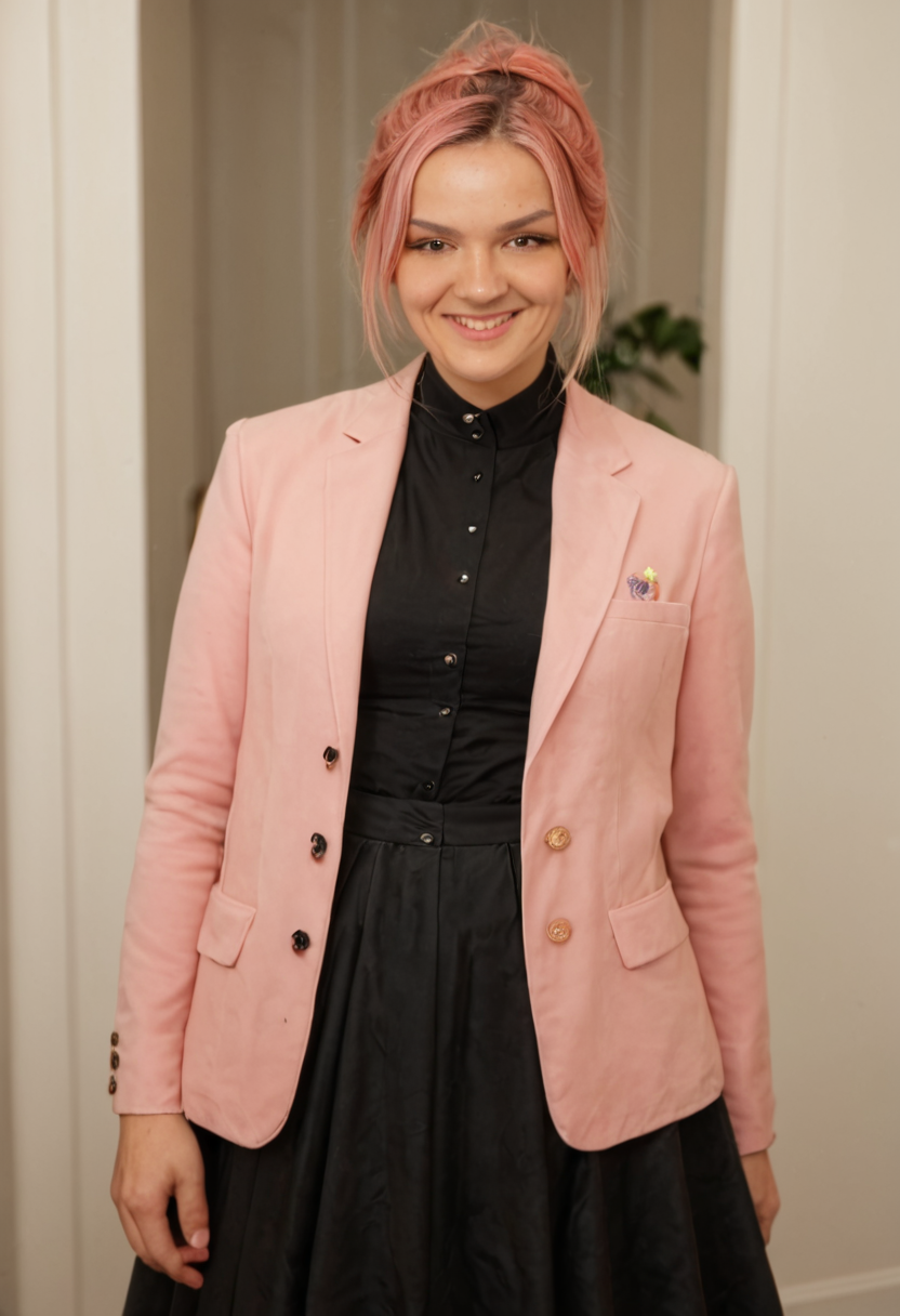 <lora:Malena_Tudi:1>,Malena, score_9, score_8_up, score_7_up, 1girl, long light pink hair, dark brown eyes,smooth skin, cute, perfect skin, realistic, ultra hd, photograph,smile
pink blazer, black skirt,black tights,black clothes