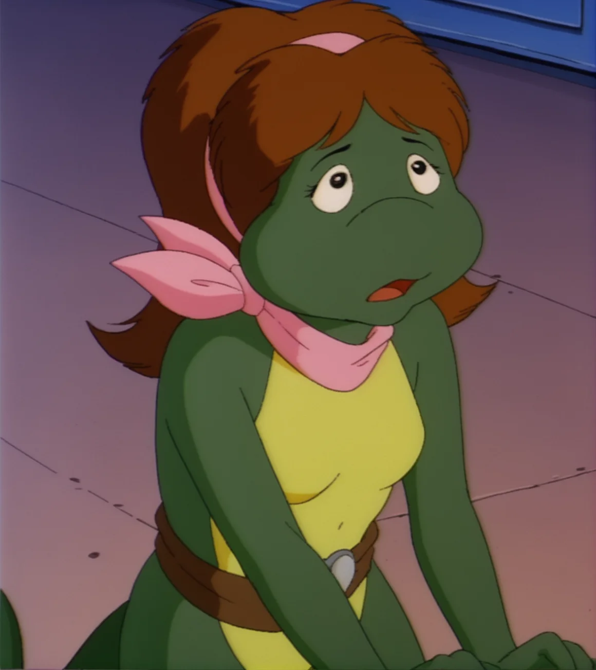 monalisatmnt, 1girl, green skin, pink scarf, hairband, small breasts, upper body, indoors, looking up, from above, retro_artstyle, cartoon, source_cartoon, lowres, 1990s_(style), <lora:Mona_Lisa_TMNT_1987:1>