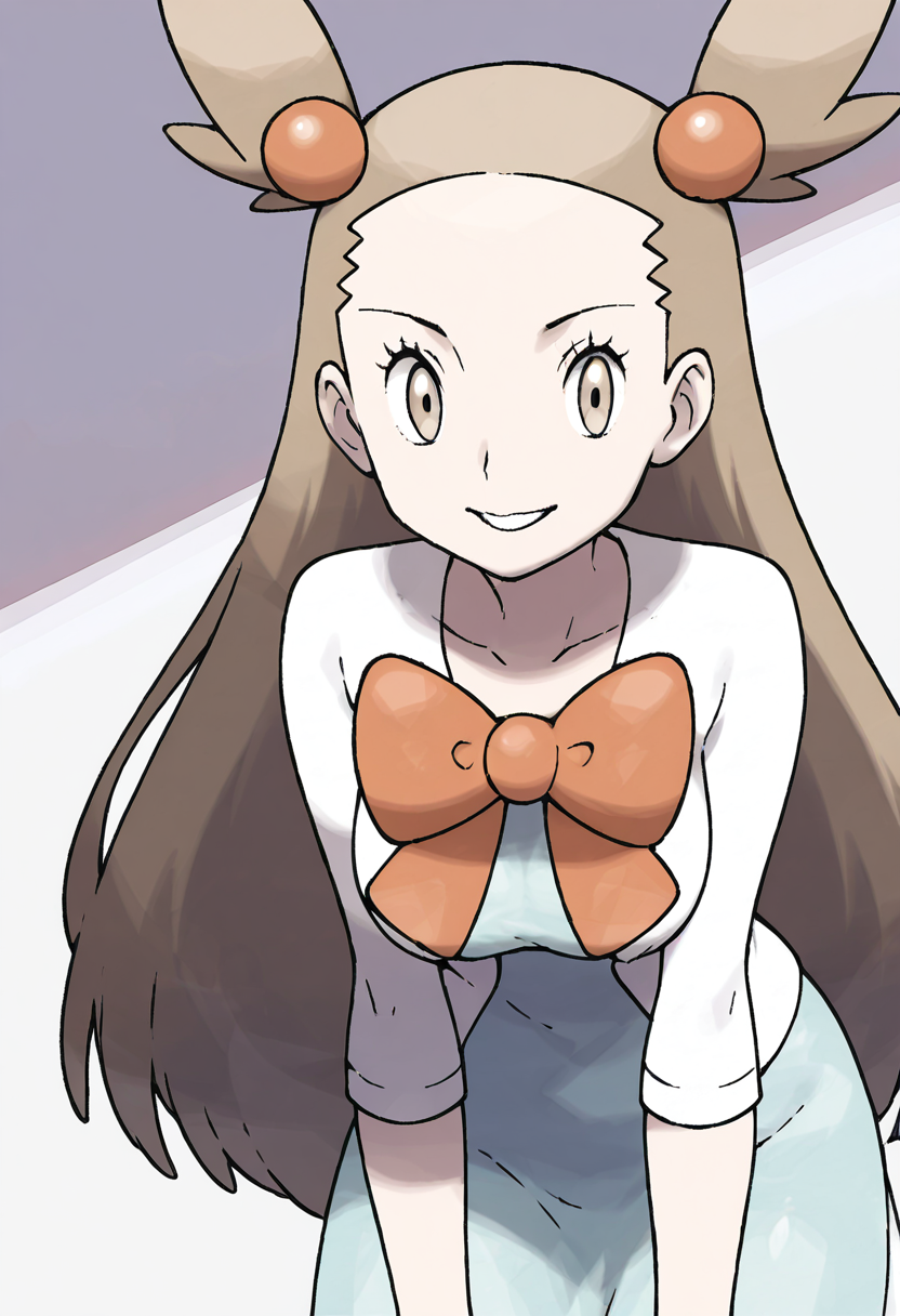 masterpiece, best quality, 1girl, solo, eyelashes, (beautiful eyes), shiny skin, looking at viewer, smile, aged up, large breasts,  zzJasmine, brown eyes, hair bobbles, hair ornament, light brown hair, two side up, long hair, forehead,  white cardigan, green dress, orange bow, sleeves past elbows,  <lora:JasminePokemon_IXL_v2:1.0>, , cowboy shot, leaning forward, smile, looking at viewer, shiny skin,
