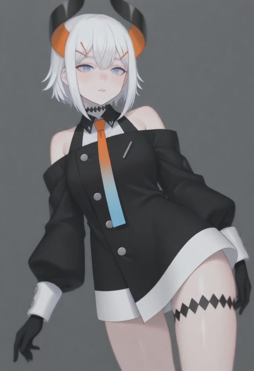 masterpiece, best quality, amazing quality,,, shiny skin,,,,,,,,nijilevi,,blue eyes,white hair,horn,pail skin,short hair,hairclip,nijilevicos,collared shirt,bare shoulder,gradient necktie,puffy long sleeves,white cuffs,black gloves,single thigh strap,