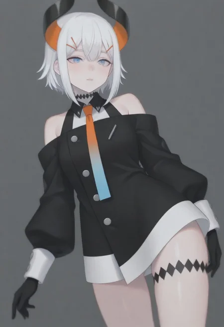 masterpiece, best quality, amazing quality,,, shiny skin,,,,,,,,nijilevi,,blue eyes,white hair,horn,pail skin,short hair,hairclip,nijilevicos,collared shirt,bare shoulder,gradient necktie,puffy long sleeves,white cuffs,black gloves,single thigh strap,